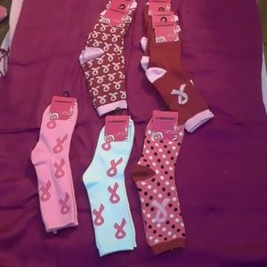Ladies long socks. Breast Cancer design symbol.